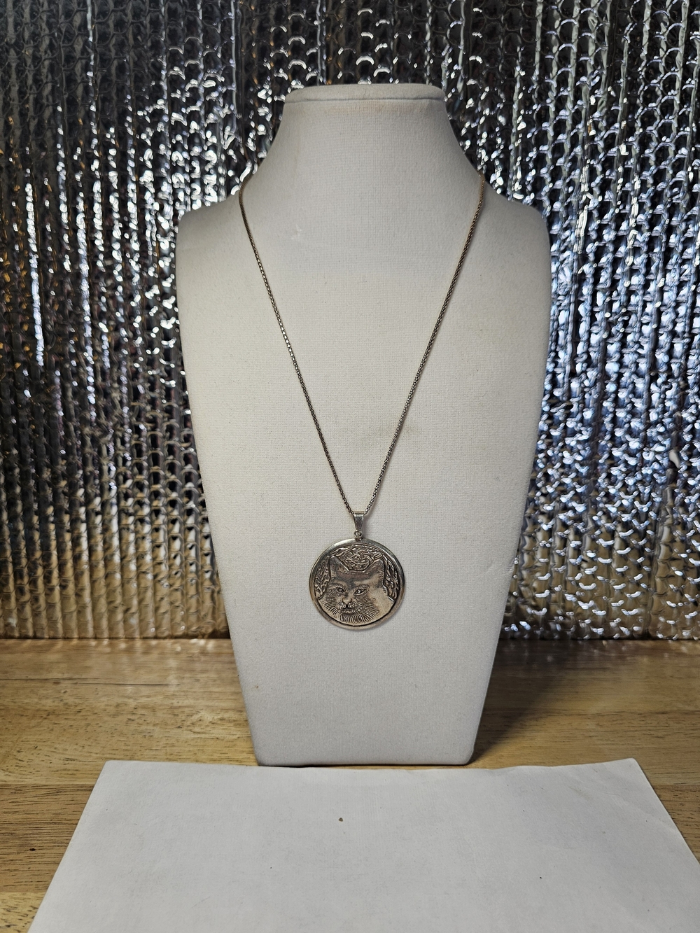 Sterling Silver 925 Cat Medallion Pendant Necklace - 18" Length